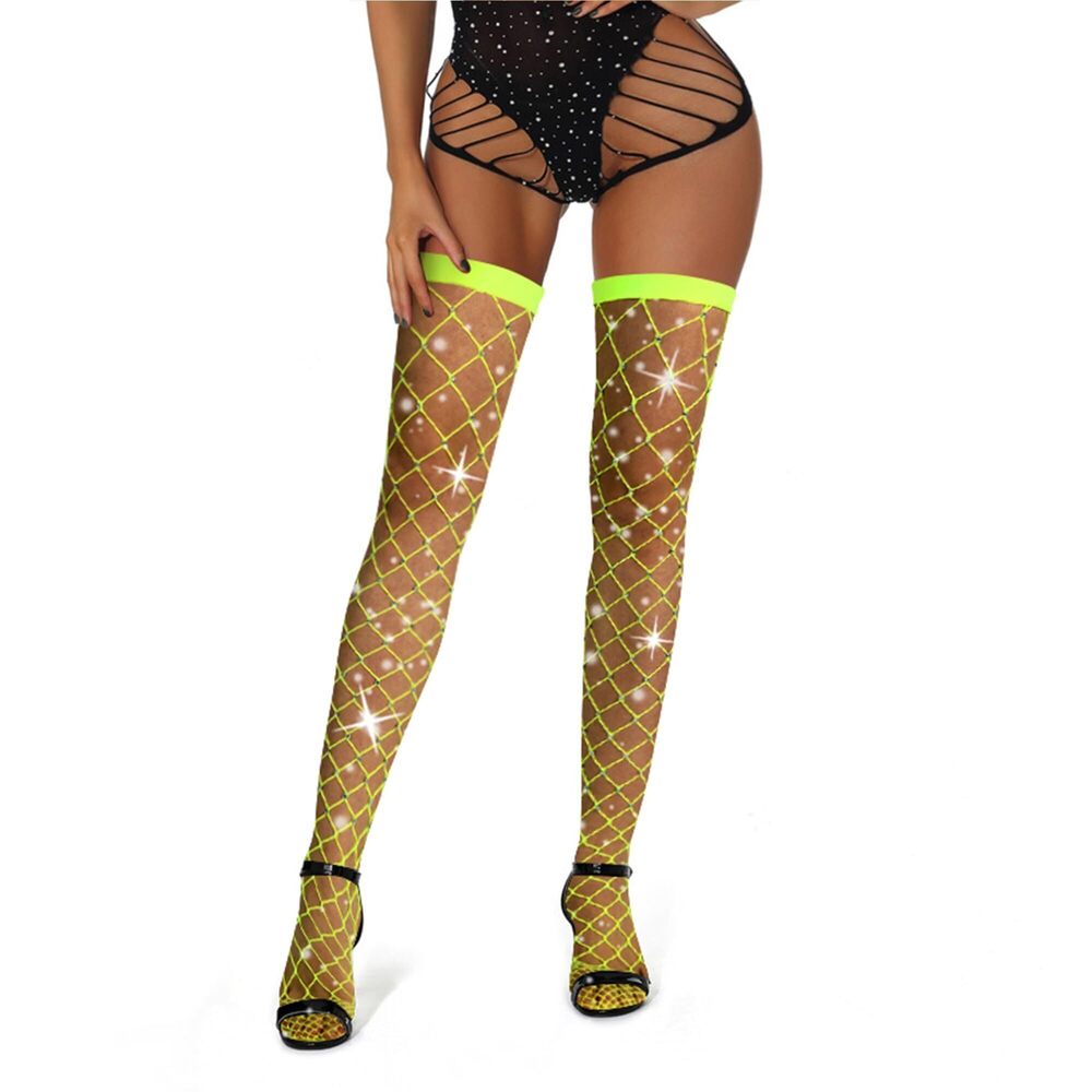 7109 Neon Green Sparkly Thigh High Stockings Sparkly Rhinestone Fishnets